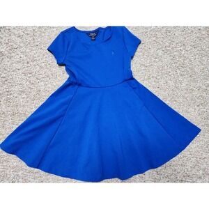 Polo Ralph Lauren Girls Blue Fit & Flare Dress M 8-10 Blue Polo Horse Logo